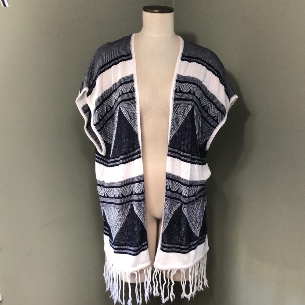New Directions Cover Up Crochet Poncho Navy White Fringe Size Large